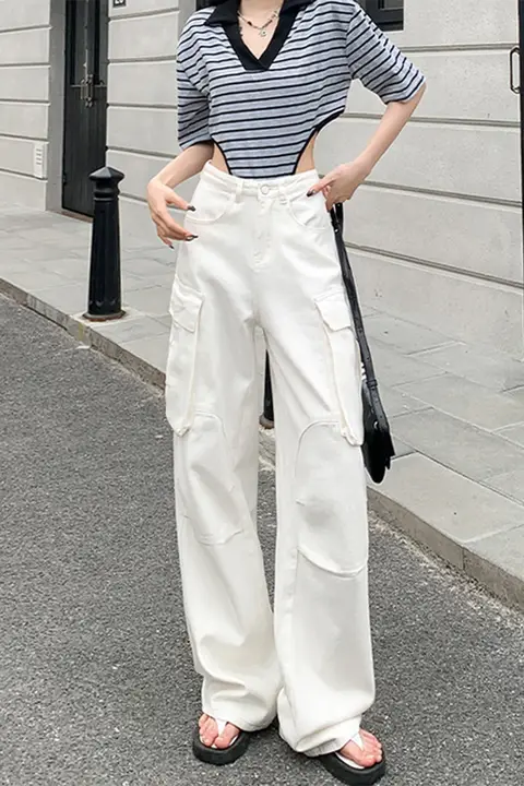 白色ハイウエスト工事用デニムパンツ【スリムフィット・ストレート・ゆったり】