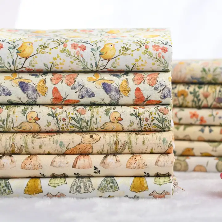 レトロ風プリント生地【小鳥・ウサギ・蝶・アヒルデザイン・コットン100%】