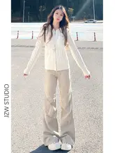 カーキ色ハイウエストストレートジーンズ【女性用・ワイドフィット・スリム効果】（セットアップ対応）