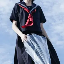 セーラー服 レディース 紺色 白三本線 関西襟 着脱式胸当て ベーシック 半袖 夏