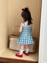 かわいいチェック柄のベビー用ノースリーブワンピース【夏用・連体衣・女の子用】