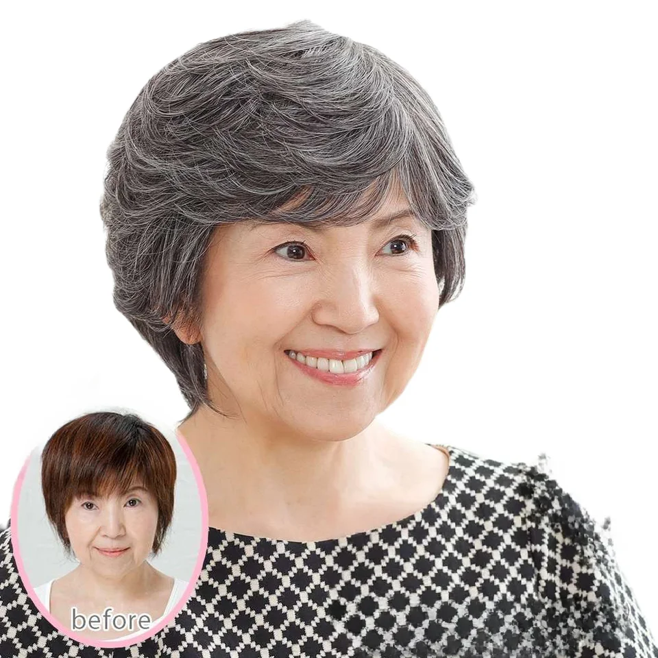 花白のショートストレートフェイクヘア【女性用・演技用・フルウィッグ】