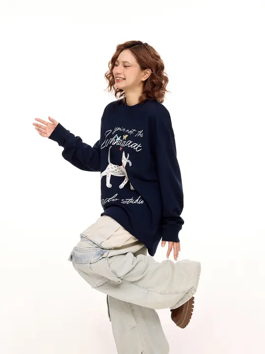 アメリカンレトロ 小犬プリントのネイビーカラー長袖Tシャツ【秋用・ゆったりシルエット・カジュアル】