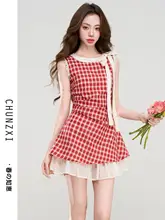 小柄向けリボン付きチェック柄ワンピース【夏用・Aライン・重ね着風】（セットアップ対応）