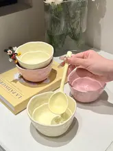 少女向け 陶器ボウルセット【ご飯・サラダ・朝食・オートミール・デザート用・スプーン付き】