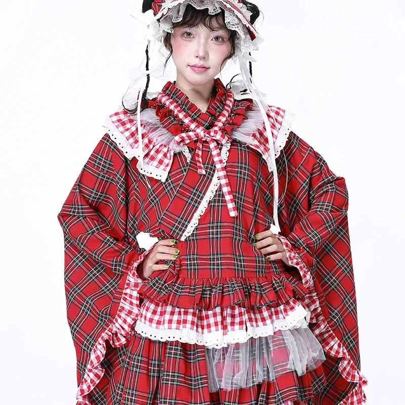 昭和風レトロデザインの可愛い和風少女用トップス：赤チェック柄の防紫外線系带浴衣