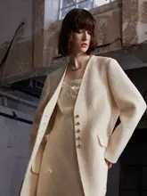Vネック羊毛 ステンカラーコート【ダブルフェイス・フラワープリント・フィット】