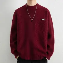 レトロな赤いニットセーター【冬用・ケーブル編み・カジュアル・クルーネック】