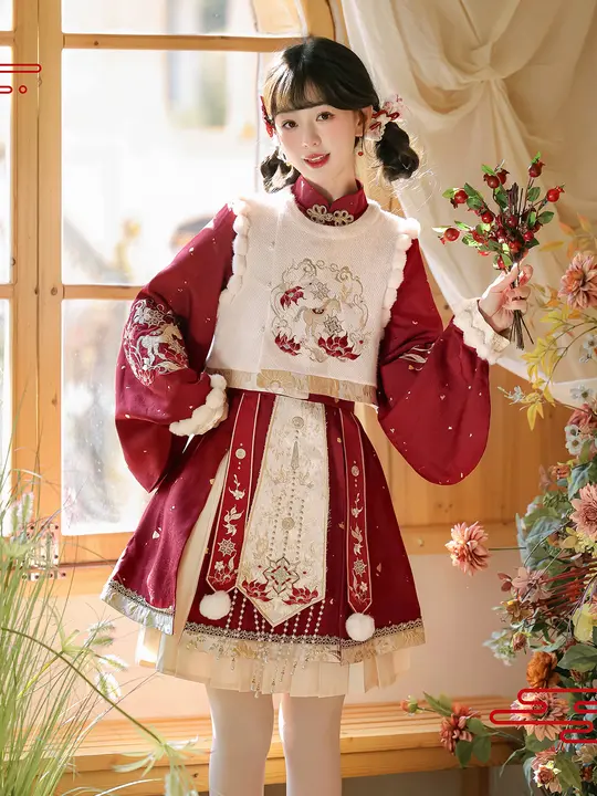 紅色チャイニーズ風 ロリータワンピース【秋冬用・学生用・マーメイドデザイン】（セットアップ対応）