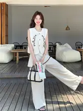 フレンチスタイル初夏の美しい衣装【バイカラー刺繍ベスト・ワイドパンツ・セットアップ対応】