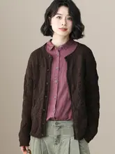 左耳左岸 コットンニットカーディガン【ダイヤモンド編み・ラウンドネック・長袖・ゆったりデザイン】