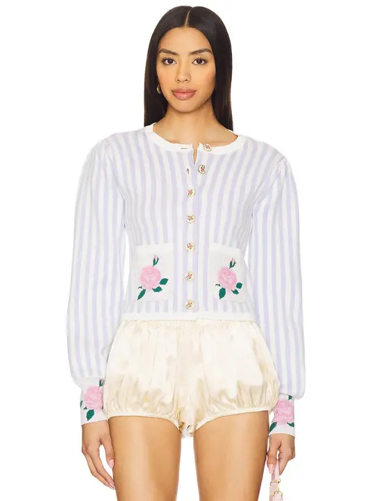 エレガントなブルーストライプのニットカーディガン【秋冬用・ショート丈】