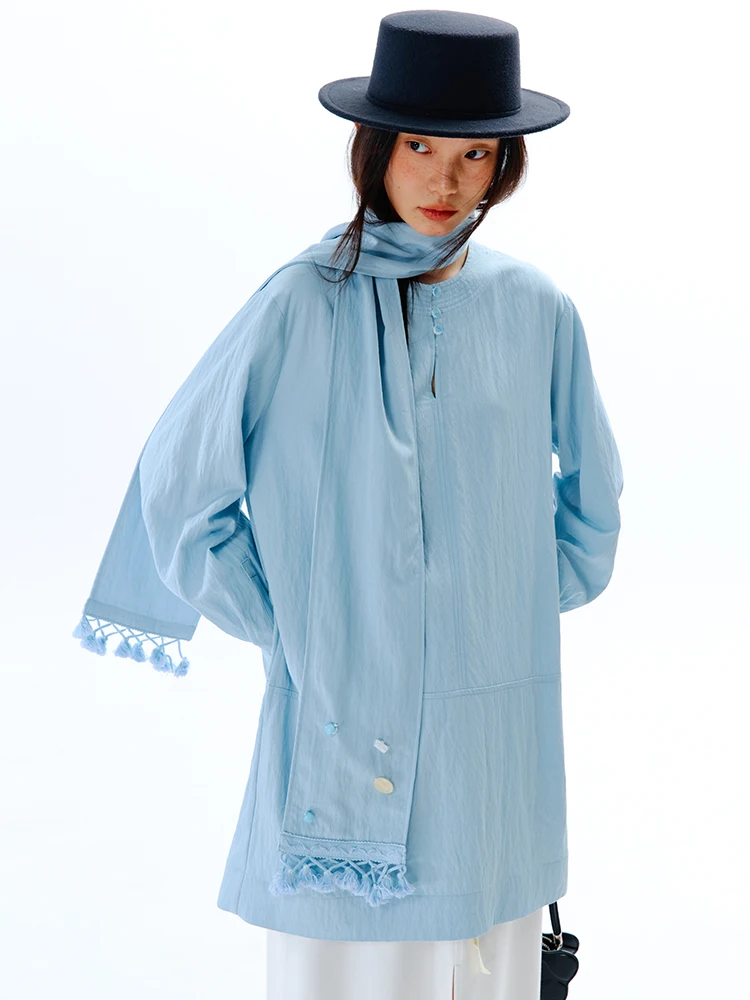 ブルー調のレトロH型シャツドレス【スカーフ付き・一枚仕立て】：推し活服ブランドとしてのデザインと実用性