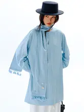ブルー調のレトロH型シャツドレス【スカーフ付き・一枚仕立て】