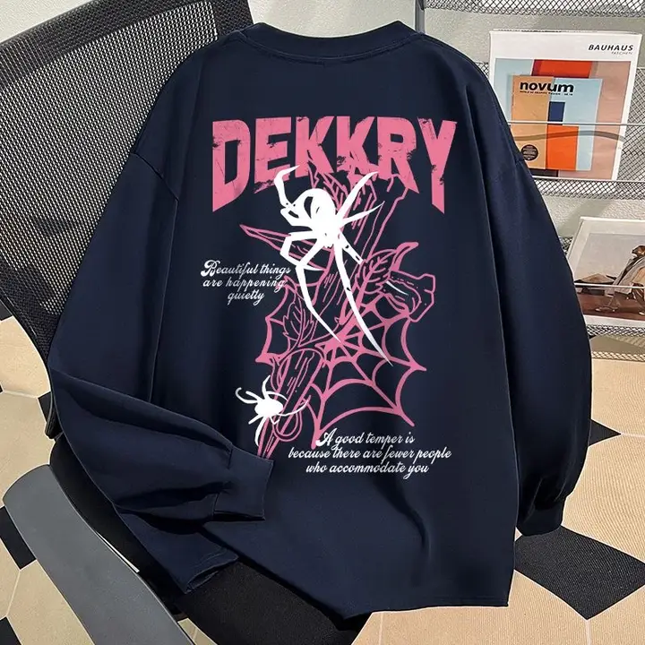 コットン100% カジュアルなクルーネック長袖Tシャツ【蜘蛛の巣デザイン・ユニセックス】