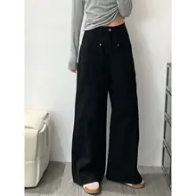 高腰ワイドレッグデニムパンツ【ブラック・ルーズフィット・レトロスタイル・アメリカンカジュアル】（セットアップ対応）