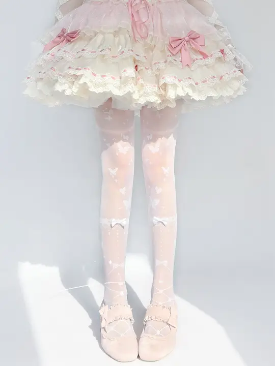 可愛い蝶結びデザインのロリータ風白色タイツ【花柄・浮光蝶舞】