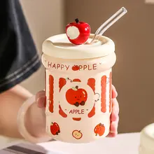 マグカップ セラミック ストロー付き 蓋付き かわいい 女性用 オフィス 家庭用 誕生日プレゼント