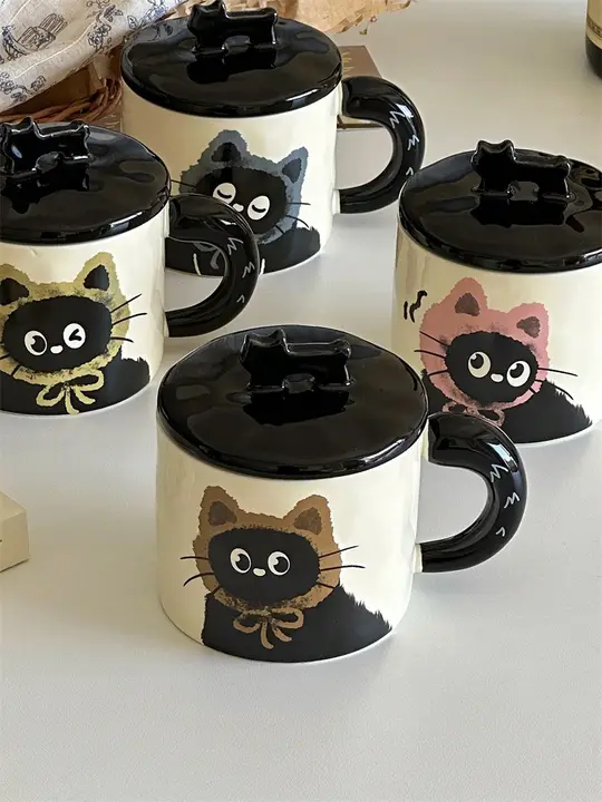 耐熱性のフタ付き黒い陶器製マグカップ【カップル・友人向け・かわいいデザイン】