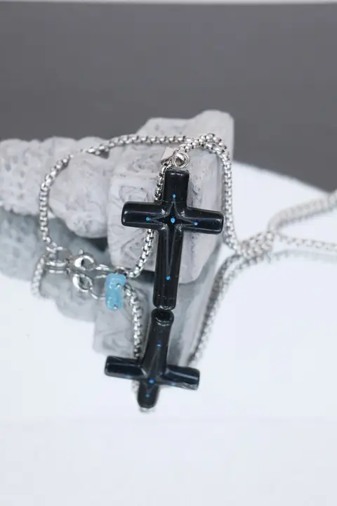ロングネックレス ペンダント クロス スター パワーストーン 天然黒曜石 アクアマリン レディース メンズ 上品