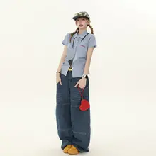 美式復古チェック刺繍入り半袖シャツ【ゆったりシルエット・カジュアル】