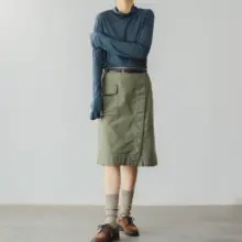COUDRE フランス風 レトロ山系スタイルの緑色前ボタンコットンスカート