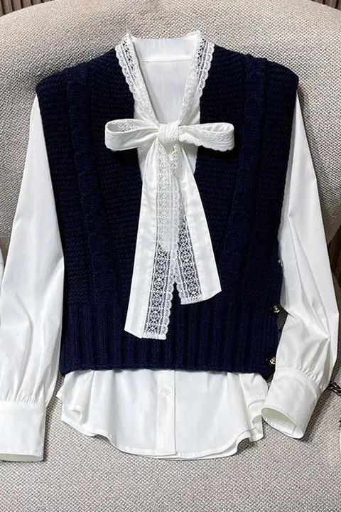 おしゃれなリボン付きトップス【フレンチスタイル・ニット素材・秋用】（セットアップ対応）