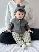 春用ベビーウェア【男の子・かわいい・ニットフード付きカーディガン・チェックパンツ・トレンディ】（セットアップ対応）