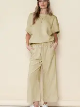 夏用 レディースカジュアルセットアップ【ゆったりした質感・シンプルな短袖Tシャツ・薄手のロングパンツ】（セットアップ対応）