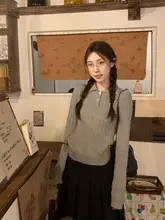 復古風ヘンリーネックニットトップス【麻花編み・秋用・カジュアル】