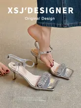 流行のデザイン！シルバー色の細いヒールのオープントゥサンダル【ストラップ付き・本革・ビジュー装飾】