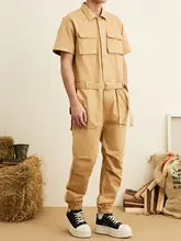 レトロデザインの工装風半袖オールインワン【メンズ・フィット・ジョガーパ ンツスタイル】（セットアップ対応）