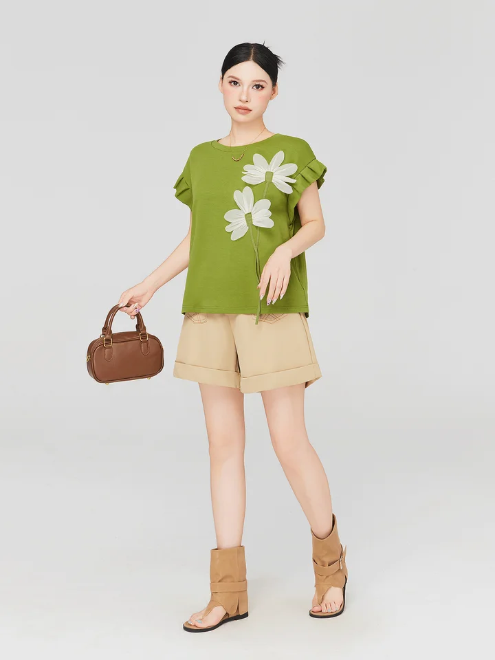 大きいサイズの女性用 半袖Tシャツ【グリーン・極上の柔らかさ・ゆったりシルエット・お腹カバー効果】