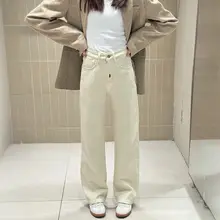 冬用加絨デニムパンツ【保温・ベージュ・ワイドレッグ】