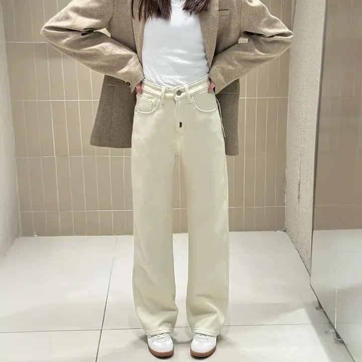 冬用加絨デニムパンツ【保温・ベージュ・ワイドレッグ】