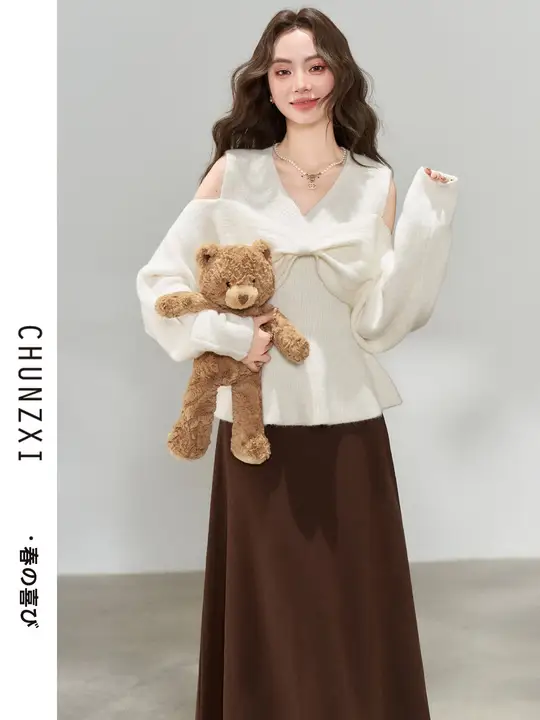 春用デザインニットオフショルダーセーターとスカートのコーディネート（セットアップ対応）