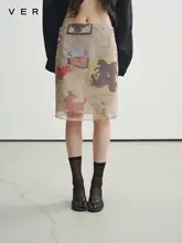 レトロプリントのサテンH型ローウエストスカート【軽やかで透け感のあるシルク】