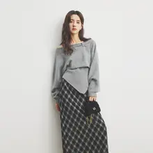 Annata グレーオフショルダー不規則デザインニットトップス【秋冬・ゆったりしたシルエット】
