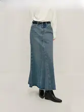 デザイン性のあるデニムマーメイドスカート【ハイウエスト・Aライン・フリンジ付き】