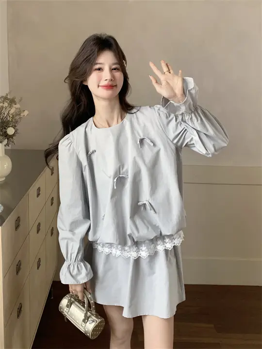 新中式リボンデザインのレース裾ブラウスとミニスカート【春秋用・絶美コーディネート】（セットアップ対応）