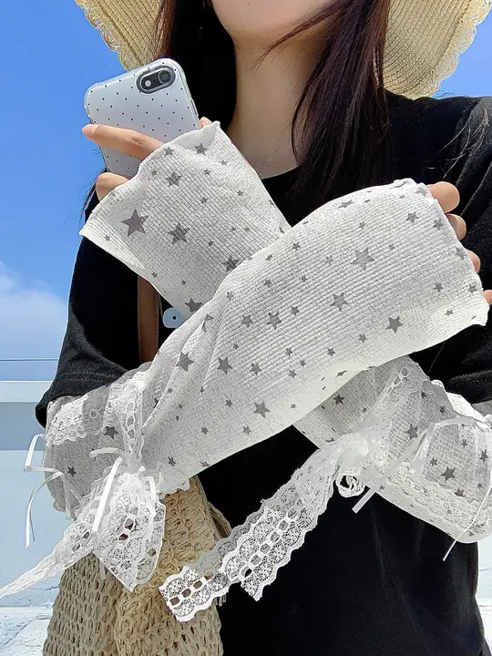 リボン付き 星柄レース 日焼け防止アームカバー【夏用・薄手・通気性・UVカット】