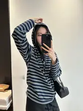 春用 フード付きストライプセーター【落肩・長袖・ゆったりシルエット】