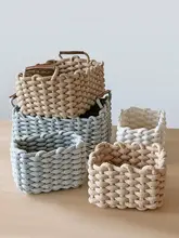 北欧風 コットンロープ編み収納バスケット【大サイズ・皮製ハンドル付き・デスク用整理】