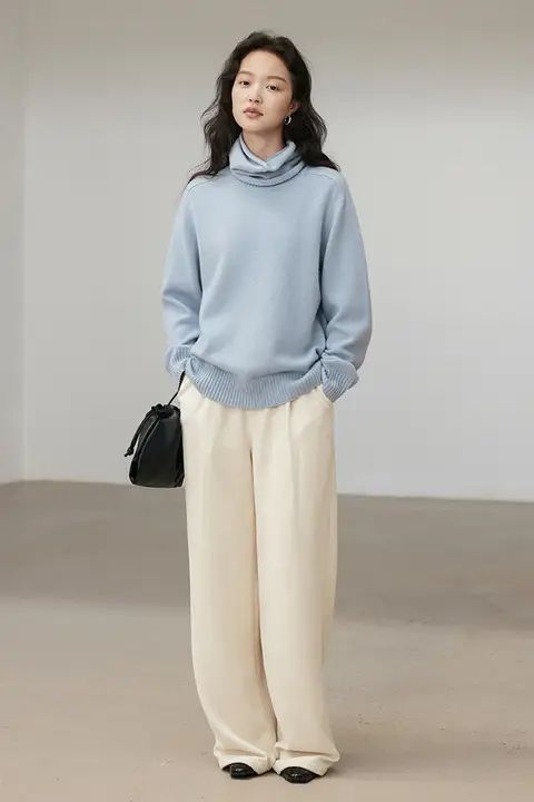 POPCHRIO セットアップ 首元デザインのラウンドネックウールニットトップ【ゆったりシルエット】