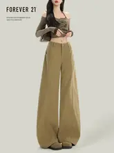 ワイドデニム レディース カーキ ハイウエスト ルーズ カーブド アメカジ ヴィンテージ 着痩せ 「Forever 21」