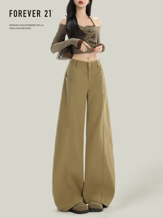 ワイドデニム レディース カーキ ハイウエスト ルーズ カーブド アメカジ ヴィンテージ 着痩せ 「Forever 21」