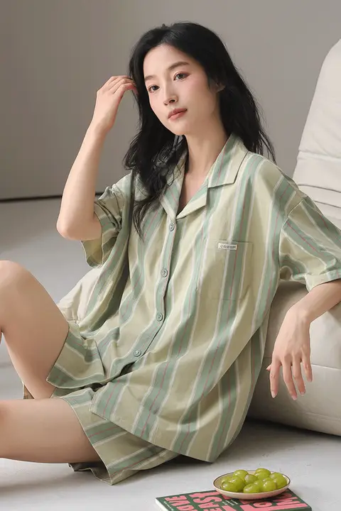薄手コットン製 レディース夏用パジャマ【半袖・ショートパンツ・ストライプ・カーディガン】（セットアップ対応）