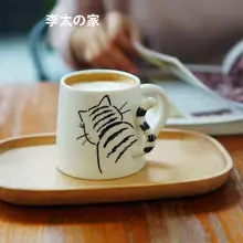 立体尾巴デザインの陶器製マグカップ【柴犬と猫のカップル用・コーヒー用】