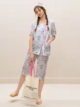 夏用コットンパジャマ【レディース・ショートスリーブ・フラワープリント・七分丈・家庭用】