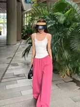 フィット ピンクのストレートカジュアルパンツ【軽やかさ・ロング丈】（セットアップ対応）